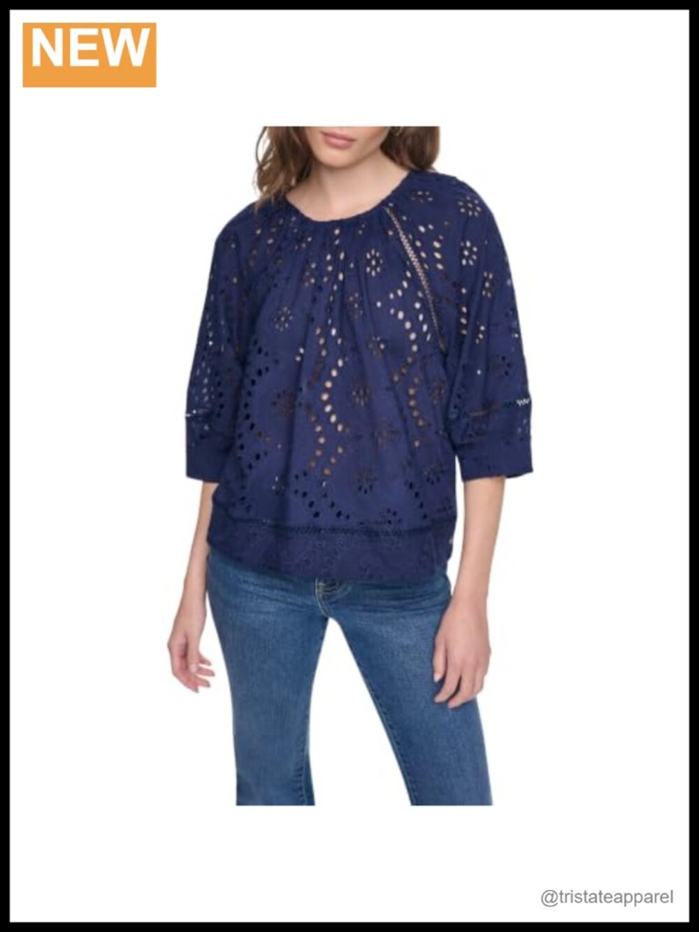 3/4 Sleeve Eyelet Raglan Top Shirred Neckline Cotton Poplin Blouse